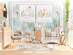 a baby's room is decorated in pastel colors and features an animal theme