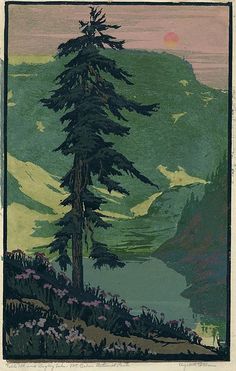 a painting of a pine tree in the mountains