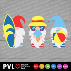 three gnomes with surfboards and sunglasses