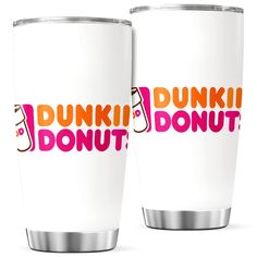 two white tumblers with dunkin donuts on the front and pink, orange, and red lettering