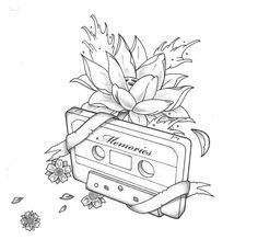 a drawing of an old school boombox with flowers on top and ribbon around it