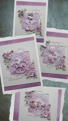 three cards with pink flowers and teddy bears on them, one is for someone's birthday