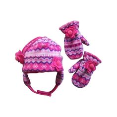 two hats and mittens are shown on a white background, one is pink and the other is purple