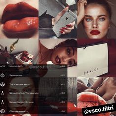 the collage shows different images of women with lipstick on their faces and one woman holding a cell phone