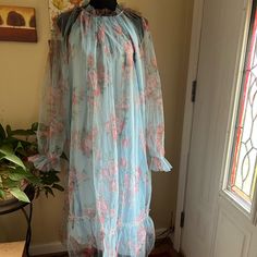 Two Layers, With Top Layer Being Sheer. Brand New, Never Worn, Blue With Pink Roses. Really Cute Dress. Size Xl. Comes From A Smoke Free Home. Blue Spring Sleep Dress, Feminine Blue Long Sleeve Maxi Dress, Feminine Long Sleeve Blue Maxi Dress, Blue Sheer Sleep Dresses, Sheer Blue Sleep Dresses, Long Sleeve Sheer Sleep Dress, Blue Sheer Long Sleeve Maxi Dress, Blue Sheer Vintage Dress, Vintage Blue Sheer Dress