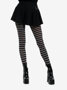 Effortlessly chic  these black and grey striped tights will elevate your everyday style! Scene Tights, Black And Grey Clothes, Weird Tights, Striped Tights Outfit, Emo Tights, Grunge Tights, Goth Tights, Gothic Tights, Shorts And Tights