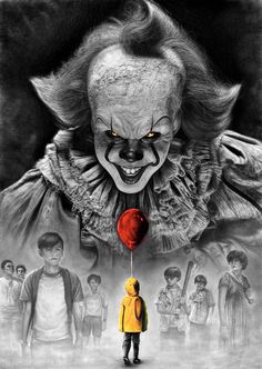 a drawing of a clown standing in front of a group of people with a red balloon