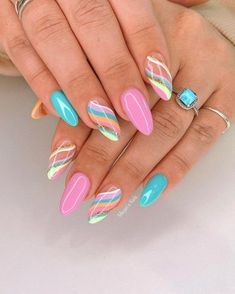 Colorful Nails, Almond Nails Designs, Nails 2023, Easter Nails, Pretty Acrylic Nails, Short Acrylic Nails