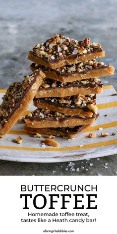 homemade toffee with buttery toffees, chocolate and nuts it tastes like a health candy bar