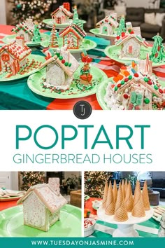 Gingerbread houses made out of Poptarts using red and green candy, ice cream cones, red white and green icing, with a Christmas tree in the background Pre Made Gingerbread Houses, Pop Tart House Christmas, Easy Gingerbread Houses For Kids To Make, Pop Tart Gingerbread House Christmas, Ginger Bread House Candy List, Gingerbread House Kits Diy, Family Gingerbread House Contest, Cheap Gingerbread House Ideas, Gingerbread House Easy Kids