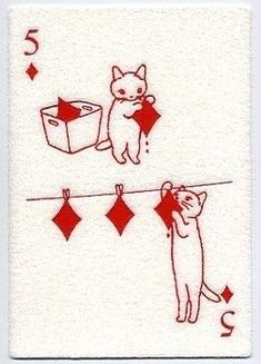 a playing card with an image of a cat hanging on a clothes line and the number 5