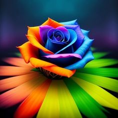 a rainbow colored rose is sitting on top of a black background with multicolored petals