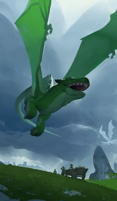 a green dragon flying over a lush green field