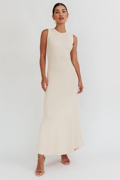 Braylee Sleeveless Ribbed Knit Maxi Dress Cream Tan Mules, Brunch Dates, Yellow Bridesmaid Dresses, Ribbed Maxi Dress, Knit Maxi Dress, Spring Fits, Dress Cream, Weekend Brunch, Lace Bodycon Dress