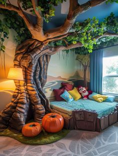 a bedroom decorated with fake trees and pumpkins