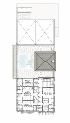 the floor plan for a house with two floors and an open air swimming pool on one side