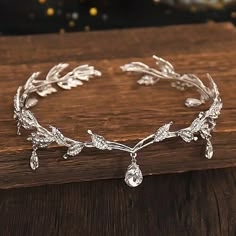 the bride's tiara is adorned with leaves and crystal stones