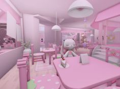 a pink and white room with tables, chairs and a stuffed animal in the center