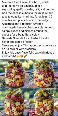 the instructions for making an appetizer in a jar with pickles and olives