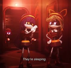 two cartoon characters standing next to each other with caption that reads they're sleeping