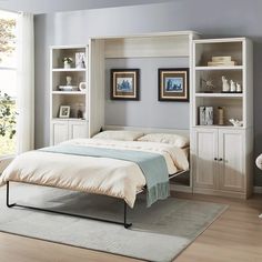 a bedroom with a bed, bookshelf and dresser