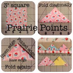 four different types of quilts with the words prairie points written in each one's letters