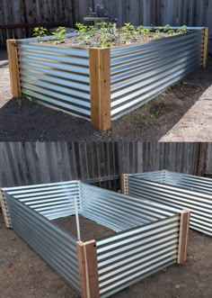 an outdoor raised garden bed made out of metal sheets and wood planks with plants growing in it