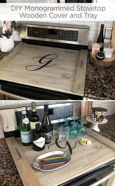 the monogrammed stovetop cover and tray is made out of an old drawer