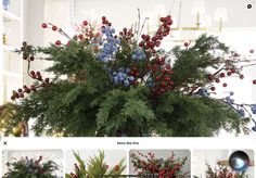 several photos of christmas decorations in various stages of being displayed on the web page, including pine cones and berries