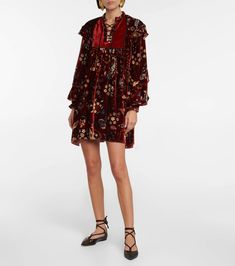 Paisley Velvet Minidress in Multicoloured - Etro | Mytheresa Mini Velvet Dresses For Fall, Velvet Ruffle Mini Dress, Etro Paisley, Paisley Print, Kimono Top, Paisley, Top Brands, The Dress, Round Neck