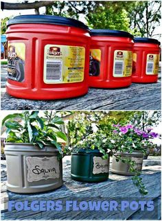 four different images of flower pots with flowers growing out of them and the bottom one is red