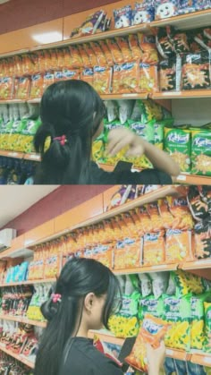 a woman is shopping in a store with her hair pulled back and looking at the shelves