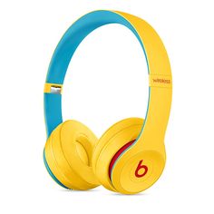 the beats on ear headphones are yellow and blue