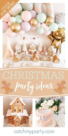 a christmas party with gingerbread houses, balloons and other decorations on the table is featured in this collage