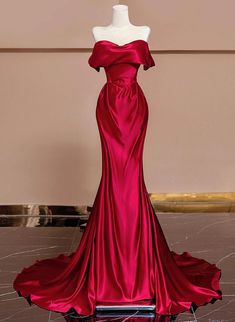 Bold Red Satin Evening Dress with Off-Shoulder Design Fitted A-line Prom Gown, Satin A-line Gown For Gala, Silk A-line Prom Evening Dress, Formal Evening A-line Gown, Silk A-line Gown For Formal Occasions, Elegant Red A-line Satin Dress, Formal Satin A-line Ball Gown, Satin A-line Formal Gown, Silk A-line Evening Gown