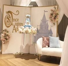 a stage set up for a princess themed party