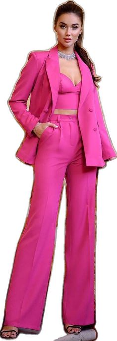 Pink Fitted High-waisted Pants Set, Pink Fitted Sets With High-waisted Pants, Elegant Pink Wide Leg Pants For Party, Pink High-waisted Pantsuit For Party, Elegant High Waist Pink Pantsuit, Pink Fitted Sets With Wide Leg, Pink Fitted Wide Leg Sets, Pink Wide Leg Party Set, Pink Wide Leg Sets For Work