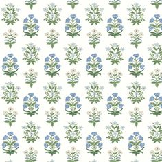 a white background with blue and green flowers on the left side of the image is an old - fashioned flower pattern