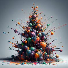 an artistic christmas tree made up of colored balls and paint splattered on it