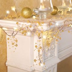 Indoor Christmas Decorations, Festive Lighted Berry Beaded Garland Gold- 120 Inch Battery Operated Garland, Christmas Garland Mantle, Xmas Decorations Outdoor, Pearl Garland, Led Garland, Berry Garland, Holiday Garlands, Collections Etc, White Lights