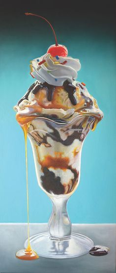 a painting of an ice cream sundae with caramel and cherries on top