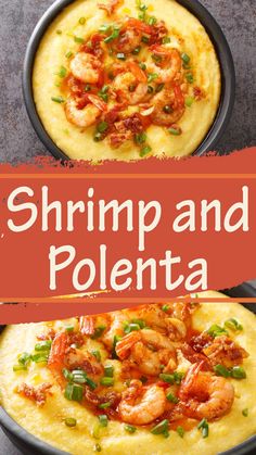 shrimp and polenta in a skillet with text overlay