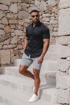 Short Muscular Men Fashion, Mens Outfit Inspiration Summer 2024, Big And Tall Summer Outfits Men, Promiseland Outfits, Mens Holiday Outfits Summer, Chino Shorts Mens Outfit, Mens Holiday Outfits, Grey Shorts Outfit Men, Muscle Outfit