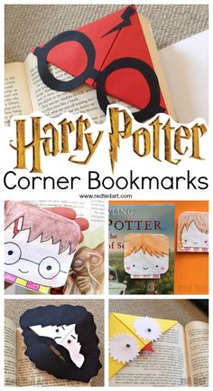 harry potter corner bookmarks with pictures of the characters and their faces on them, including an open book