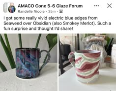 two mugs one is blue and the other has pink, white and green designs on it