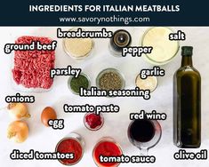 ingredients for italian meatballs are shown on a white table with text overlay that says ingredients for italian meatballs