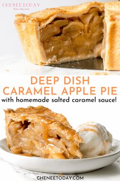 an image of deep dish caramel apple pie with homemade salted caramel sauce