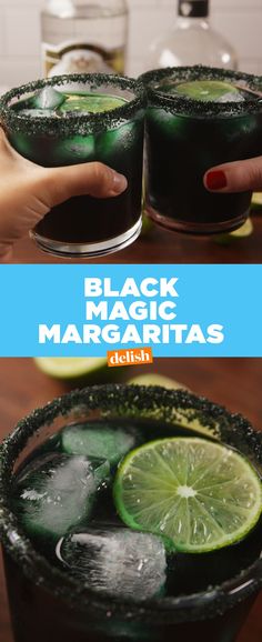 black magic margaritas with lime slices and ice on the rim, served in glasses