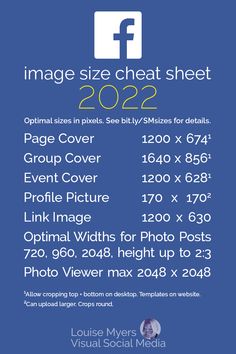 Facebook image sizes chart on blue graphic with FB logo.