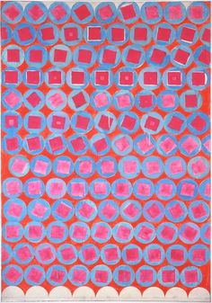 an abstract painting with red, blue and pink circles